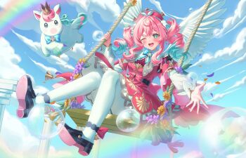 1girl ;o absurdres angel_wings aqua_bow aqua_bowtie aqua_eyes aqua_hair blue_sky bow bowtie cloud commentary_request dress drill_hair hat highres honkai:_star_rail honkai_(series) hyacine_(honkai:_star_rail) korean_commentary little_ica_(honkai:_star_rail) looking_at_viewer m0_0m_c medium_hair multicolored_hair one_eye_closed pantyhose pegasus pink_hair rainbow red_dress red_hat sky smile swing_set twin_drills two-tone_hair white_pantyhose wings