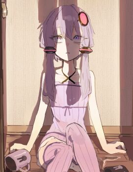 1girl 1other absurdres commentary criss-cross_halter cup dress feet_out_of_frame hair_ornament halterneck hanged highres long_hair low_twintails master_(vocaloid) on_floor purple_dress purple_eyes purple_hair purple_thighhighs shadow sitting spilled_milk suicide thighhighs twintails uranosebi vocaloid yuzuki_yukari