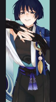 Rule 34 | 1boy, anemone (flower), aqua background, armor, armpits, artist name, belt, black belt, black bodysuit, black border, black bow, black bridal gauntlets, black hair, black shorts, blue cape, blue gem, blue kimono, blunt ends, bodysuit, border, bow, bridal gauntlets, cape, cowboy shot, eyeliner, feathers, fingernails, flower, furisode, gem, genshin impact, gold, grey pupils, hakama, hakama shorts, hands up, hashtag-only commentary, highres, interlocked fingers, japanese armor, japanese clothes, juban, kimono, kote, kurokote, looking at viewer, makeup, male focus, mandarin collar, open clothes, open kimono, own hands together, parted lips, pillarboxed, pleated shorts, pom pom (clothes), purple rope, purple sash, red eyeliner, rope, sash, scaramouche (genshin impact), shorts, shoulder peek, smile, solo, tassel, tsurime, vision (genshin impact), wanderer (genshin impact), white kimono, white mouth, wispy bangs, yellow feathers, zac-n