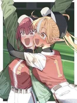 2girls :d arms_up bandaid bandaid_on_face baseball_cap baseball_jersey baseball_stadium baseball_uniform belt black_hat black_shirt blonde_hair blush breasts brown_belt commentary_request crying crying_with_eyes_open dark-skinned_female dark_skin dirt dirty dirty_clothes elf green_jacket hat heterochromia highres hololive houshou_marine hug jacket jersey large_breasts long_hair long_sleeves multicolored_hair multiple_girls open_mouth pants pointy_ears ponytail red_eyes red_hair red_jersey shino_12a shiranui_flare shirt shirt_tucked_in shirt_under_shirt short_sleeves sidelocks smile sportswear standing streaked_hair tears virtual_youtuber white_hair white_pants yellow_eyes