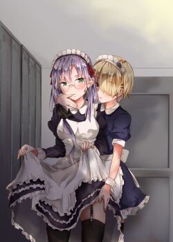 2girls apron brown_hair clothes_lift commentary_request glasses green_eyes heaven_burns_red highres izumi_yuki_(heaven_burns_red) kayamori_ruka kurage_(kurage19) maid_apron maid_headdress multiple_girls purple_hair red_eyes short_hair skirt skirt_lift thighhighs yuri