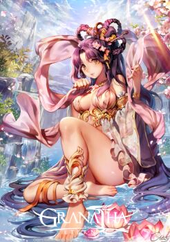 1girl ankle_wrap anklet barefoot breasts caesty center_opening copyright_name dated feet female_focus flower granatha_eternal green_eyes hagoromo hair_flower hair_ornament hair_rings jewelry long_hair purple_hair ring shawl sitting solo toes very_long_hair water