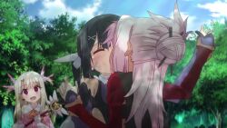 3girls animated anime_screenshot arm_grab black_hair blank_eyes blonde_hair blush breasts kodomo_doushi chloe_von_einzbern closed_eyes dark-skinned_female dark_skin detached_sleeves fate/kaleid_liner_prisma_illya fate_(series) feather_hair_ornament female_focus forced_kiss french_kiss hair_bun hair_ornament hair_ribbon hairclip highres holding holding_another&#039;s_wrist holding_wand illyasviel_von_einzbern interracial kiss leotard loli long_hair long_sleeves looking_at_another magical_girl miyu_edelfelt multiple_girls outdoors pink_hair purple_leotard red_eyes restrained ribbon saliva saliva_trail saliva_trail sidelocks single_hair_bun small_breasts smile sound subtitled tagme tearing_up teeth twintails video wand x_hair_ornament yellow_eyes yuri