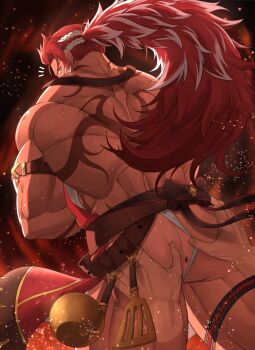1boy alternate_costume anus apron armband ass back_tattoo bara bellsaltr black_background feet_out_of_frame fire fundoshi grabbing_another&#039;s_ass granblue_fantasy groping highres huge_ass japanese_clothes leather leather_belt light_particles long_hair looking_back male_focus manly mature_male multicolored_hair muscular muscular_arms muscular_legs muscular_male official_alternate_costume ponytail red_hair simple_background solo spatula spiked_hair spoon spread_ass tan tattoo thighs white_hair wilnas_(apron_of_ardor)_(granblue_fantasy) wilnas_(granblue_fantasy) yellow_eyes