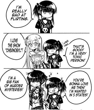 3girls 3koma bare_shoulders blush bracelet choker clothes_writing clueless comic commentary corrupted_twitter_file earrings emo-girl_(grs-) emo_fashion english_commentary english_text goth_fashion greyscale grs- highres jacket jewelry long_hair medium_hair monochrome multiple_girls no_mouth one_eye_closed open_clothes open_jacket original pastel-goth-girl_(grs-) pastel_goth plaid_clothes plaid_skirt ponytail print_shirt punk punk-girl_(grs-) shirt short_ponytail short_sleeves side_ponytail simple_background skirt smile speech_bubble spiked_bracelet spikes t-shirt white_background you're_doing_it_wrong yuri
