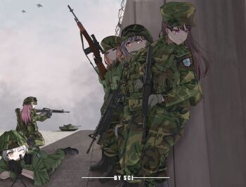 Rule 34 | 5girls, absurdres, aircraft, airplane, ammunition pouch, assault rifle, bang dream!, bang dream! it's mygo!!!!!, barbed wire, battle rifle, blonde hair, blue eyes, body armor, brown hair, chest rig, chihaya anon, combat helmet, commentary, english commentary, f-16 fighting falcon, field cap, fighter jet, grenade launcher, gun, hat, helmet, highres, holding, holding weapon, kaname raana, kneeling, lying, m14, m16, m1 abrams, m203, m72 law, machine gun, magazine (weapon), military, military combat uniform, military hat, military uniform, military vehicle, motor vehicle, multiple girls, nagasaki soyo, nato, on stomach, pink eyes, pink hair, pouch, rifle, rocket launcher, sci (31134306), shiina taki, soldier, standing, tactical clothes, takamatsu tomori, tank, underbarrel grenade launcher, weapon, white hair, yellow eyes