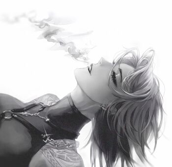 1girl bare_shoulders chain chain_necklace commentary ear_piercing eyeliner forehead from_side greyscale jewelry ko_no_maoyu_da makeup medium_hair monochrome multiple_necklaces necklace path_to_nowhere piercing profile shirt shoulder_tattoo simple_background sleeveless sleeveless_shirt smile smoke smoke_trail smoking solo sword_necklace symbol-only_commentary tattoo turtleneck turtleneck_shirt upper_body zoya_(path_to_nowhere)