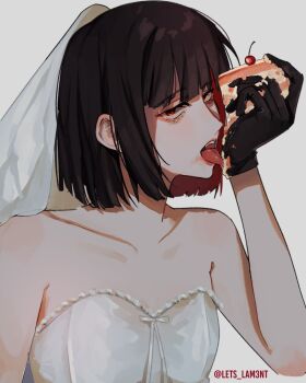 1girl artist_name bare_shoulders black_gloves black_hair blunt_bangs bow bridal_veil bride cake cake_slice cherry chest_bow collarbone colored_inner_hair commentary dress empty_eyes english_commentary food fruit gloves half-closed_eyes hand_up highres holding holding_cake holding_food icing lets_lam3nt licking limbus_company lips looking_at_viewer multicolored_hair open_mouth project_moon red_eyes red_hair ryoshu_(project_moon) short_hair simple_background sleeveless sleeveless_dress solo strapless strapless_dress teeth tongue upper_body veil white_background white_bow white_dress white_veil