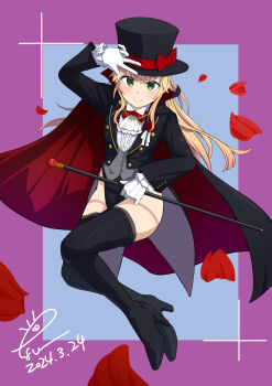 1girl black_leotard blonde_hair bow bowtie cane cloak commission esw_artca gloves hat highres holding holding_cane leotard multicolored_cloak original phantom_thief phantom_thief_(kkmomo67) red_bow red_bowtie red_cloak skeb_commission smile top_hat v white_gloves