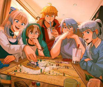 2girls 3boys animal_ears aqua_hood ayaka_(genshin_impact) blonde_hair blue_eyes blue_hair brown_hair bubble_tea chalseu cup desk dice disposable_cup dog_ears genshin_impact glass gorou_(genshin_impact) green_eyes grey_shirt hair_ornament highres holding holding_cup hood hooded_jacket hoodie jacket kamisato_ayato long_sleeves mole mole_under_eye multicolored_hair multiple_boys multiple_girls open_mouth pink_hair ponytail red_hoodie sangonomiya_kokomi shirt streaked_hair table thoma_(genshin_impact) white_hair white_shirt