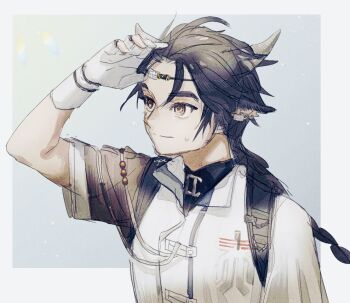 Rule 34 | 1boy, animal ears, arknights, arm up, black hair, braid, closed mouth, commentary request, cow ears, cow horns, gloves, gradient background, headband, horns, long hair, looking ahead, male focus, outside border, shading eyes, shirt, short sleeves, sidelocks, single braid, solo, ujoe 7hr, upper body, wan qing (arknights), white gloves, white shirt, yellow eyes