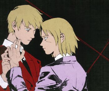 2boys blonde_hair canute closed_mouth contemporary face-to-face facial_scar formal_clothes looking_at_another male_focus multiple_boys multiple_scars phantomnotnot profile red_suit scar scar_on_cheek scar_on_face scar_on_hand shirt short_hair suit thorfinn upper_body vinland_saga white_shirt wing_collar