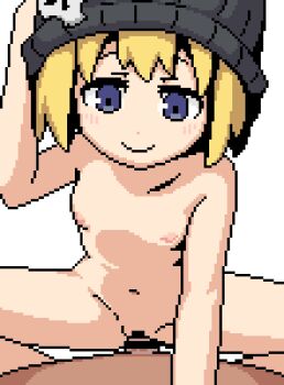 1boy 1girl after_vaginal aftersex akai_(ugokashitari) animated animated_gif assertive_female bar_censor beanie bito_raimu black_headwear blonde_hair blue_eyes blush censored closed_eyes closed_mouth commentary_request commission completely_nude cowgirl_position cum cum_in_pussy cum_overflow cumdrip flat_chest girl_on_top hat hat_ornament hetero loli looking_at_viewer navel nipples nude open_mouth penis pixel_art pov pov_crotch pussy pussy_juice sex short_hair simple_background skeb_commission skull_hat_ornament smile solo_focus spread_legs straddling subarashiki_kono_sekai vaginal white_background