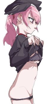 1girl ass beret black_bra black_hat black_panties black_shirt black_wings blue_archive blush bra breasts clothes_lift ear_blush feathered_wings from_side hat head_wings koharu_(blue_archive) lifting_own_clothes loli long_sleeves looking_down medium_hair navel open_mouth panties panty_pull pink_eyes pink_hair rkgk_ojisan school_uniform shirt shirt_lift simple_background skindentation small_breasts solo standing sweat sweatdrop thighs twintails twitter underwear white_background wings