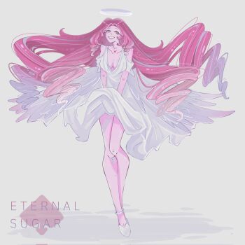 colored_skin cookie_run cookie_run:_kingdom dress dress_tug eternal_sugar_cookie highres marilyn_monroe pink_hair pink_skin smile twitter_username white_dress wind wind_lift