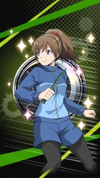 1girl anime_coloring ansatsu_kyoushitsu black_pantyhose blue_jacket blue_shorts breasts brown_hair closed_mouth collared_jacket combat_knife cowboy_shot green_background hair_ornament hair_scrunchie holding holding_knife holding_weapon jacket knife large_breasts long_sleeves morita_kazuaki motion_lines official_art pantyhose plaid_background ponytail purple_eyes red_scrunchie scrunchie short_hair shorts sidelocks smile solo speed_lines standing v-shaped_eyebrows weapon yada_touka