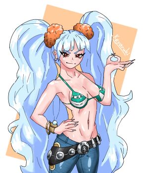 1girl artist_name bangle belt belt_buckle bikini bikini_top_only blue_hair blue_pants bracelet breasts buckle cosplay cowboy_shot denim earrings eyelashes eyeliner hand_on_own_hip highres jeans jewelry keyaruki log_pose long_eyelashes long_hair looking_at_viewer makeup medium_breasts money_gesture nami_(one_piece) nami_(one_piece)_(cosplay) nami_(one_piece)_(return_to_sabaody) navel one_piece pants pink_nails red_eyes scrunchie simple_background swimsuit twintails valentina_(fellatrix)