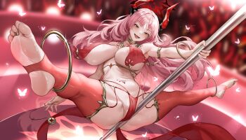 1girl :d absurdres alternate_costume aoi_sakura_(seak5545) ass between_buttocks blue_archive breast_curtains breasts cameltoe commentary_request covered_erect_nipples demon_horns halo highres horns huge_breasts indoors jewelry large_breasts long_hair looking_at_viewer mole mole_on_breast multicolored_horns navel open_mouth pelvic_curtain pink_hair pole pole_dancing red_garter_straps red_halo red_horns red_thighhighs revealing_clothes satsuki_(blue_archive) smile soles solo spread_legs stirrup_legwear stripper_pole thighhighs toe_ring toeless_legwear toes
