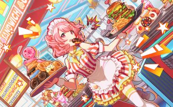 Rule 34 | 1girl, apron, burger, cheese, clothing cutout, colorful palette, donut, dotabata cafe rec!! (project sekai), dress, dutch angle, food, french fries, frilled dress, frills, game cg, grey shoes, hair ornament, hairclip, heart, highres, holding, holding tray, ketchup, lettuce, maid headdress, momoi airi, official alternate costume, official alternate hairstyle, official art, outline, pink eyes, pink hair, project sekai, red dress, shoes, shoulder cutout, solo, star (symbol), striped clothes, striped dress, thighhighs, third-party source, tomato, tray, waist apron, white apron, white dress, white thighhighs