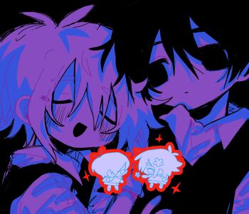 2boys antenna_hair basil_(faraway)_(omori) basil_(omori) blush closed_eyes closed_mouth collared_shirt highres kobanzame_omo looking_at_another male_focus multiple_boys omori open_mouth outline partially_colored red_outline shirt short_hair short_sleeves sidelocks smile sunny_(omori) sweater_vest