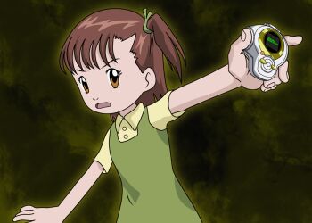 Rule 34 | 1girl, biomerge, brown hair, determined, digimon, digimon tamers, digivice, dress, dubidu123, green dress, highres, katou juri, looking at viewer, matrix evolution, medium hair, open mouth, orange eyes, scrunchie, shirt, solo, yellow shirt