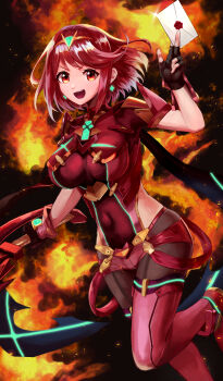 1girl absurdres aegis_sword_(xenoblade) backless_outfit black_gloves bob_cut breasts chest_jewel core_crystal_(xenoblade) earrings fingerless_gloves floating_earrings gloves highres impossible_clothes jewelry large_breasts nintendo pantyhose pantyhose_under_shorts pyra_(xenoblade) red_eyes red_hair red_shorts ricky_(pasta_00) short_hair short_sleeves shorts smash_invitation smile solo super_smash_bros. swept_bangs thighhighs thighhighs_over_pantyhose tiara xenoblade_chronicles_(series) xenoblade_chronicles_2