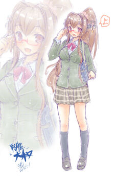 1girl alternate_costume bag bespectacled black_hair black_socks blazer bow bowtie brown_eyes brown_skirt eighth_note full_body glasses green_jacket headgear highres jacket kantai_collection koshigaya_tatsumi long_hair multiple_views musical_note plaid_clothes plaid_skirt pleated_skirt red_bow red_bowtie school_bag skirt socks solo spoken_musical_note standing yamato_(kancolle) zoom_layer