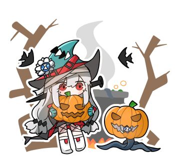 1girl 1other arknights banbon bare_tree blue_gloves blue_hair cauldron chibi commentary deep_sea_slider_(arknights) dress fire full_body gloves grey_hair halloween highres holding holding_pumpkin jack-o&#039;-lantern long_hair low-tied_long_hair object_through_head outdoors outline pumpkin red_dress red_eyes screw_in_head seaborn_(arknights) shoes skadi_(arknights) skadi_the_corrupting_heart_(arknights) symbol-only_commentary tree tropical_fish white_shoes