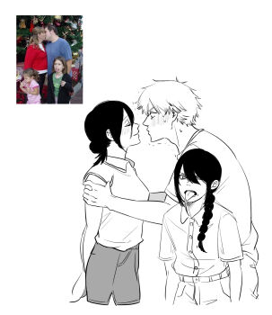 12569357 1boy 2girls :p blush braid buttons chainsaw_man collared_shirt denji_(chainsaw_man) hair_between_eyes hair_bun hair_over_shoulder highres imminent_kiss long_hair long_hair_between_eyes multiple_girls nayuta_(chainsaw_man) reze_(chainsaw_man) ringed_eyes shirt shirt_tucked_in single_hair_bun tongue tongue_out