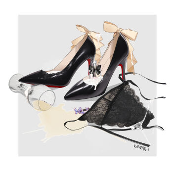 artist_name black_bra black_footwear black_panties bow bow_panties bra bug cum cum_on_clothes cup drinking_glass glass grey_background high_heels highres lace lace_panties lace_trim lingerie no_humans panties pumps see-through_clothes shoes side-tie_panties simple_background spill stiletto_heels still_life strappy_heels suggestive_fluid underwear unworn_bra unworn_panties wine_glass xnnagu