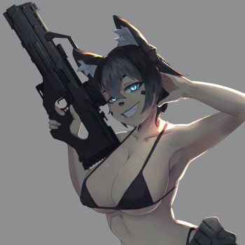 1girl absurdres animal_ear_fluff animal_ears arm_up armpits assault_rifle black_hair blue_eyes bra breasts bullpup commentary commission english_commentary evil_grin evil_smile grin gun h&amp;k_g36 hand_on_own_head highres holding holding_weapon ko_baumann large_breasts long_sidelocks looking_at_viewer medium_hair mole mole_under_eye multicolored_hair original rifle see-through_cleavage see-through_clothes sharp_teeth sidelocks slit_pupils smile syaha teeth trigger_discipline underwear weapon white_streaks wolf_ears wolf_girl