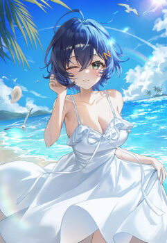 1girl absurdres alternate_costume bare_shoulders beach belle_(zenless_zone_zero) bird blue_hair blue_sky breasts cleavage cloud commentary crossed_bangs dress english_commentary green_eyes hat highres looking_at_viewer mella_(mell_a12) ocean one_eye_closed outdoors parted_lips rainbow short_hair sky sleeveless sleeveless_dress solo spaghetti_strap sun_hat sundress unworn_hat unworn_headwear wet white_dress white_hat zenless_zone_zero