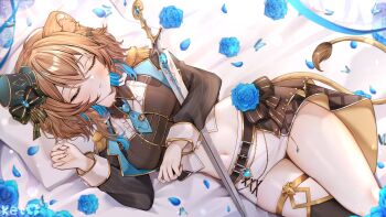 1girl animal_ear_fluff animal_ears artist_name belt black_belt black_bow blue_butterfly blue_flower blue_necktie blue_petals blue_rose bow brown_hair bug butterfly center_frills closed_eyes closed_mouth commentary commission english_commentary flower frills green_hat hair_bow hat hat_bow hazumi_aileen highres indie_virtual_youtuber insect ketyuiqu lion_ears lion_girl lion_tail long_sleeves midriff mini_hat mini_top_hat necktie petals pillow rose short_necktie solo tail top_hat virtual_youtuber