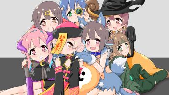 +_+ 6+girls :&gt; :d animal_ear_fluff animal_ears animal_hands black_hair black_hat blood blood_on_face blue_hair blunt_bangs blush bodystocking breasts brown_eyes brown_hair chain china_dress chinese_clothes claws collar colored_inner_hair commentary_request cosplay demon_costume detached_sleeves dress earrings elbow_gloves fang fangs fangs_out fingernails frankenstein&#039;s_monster frankenstein&#039;s_monster_(cosplay) gloves green_eyes grey_background grin hair_bun hair_intakes hair_ornament hairclip halloween halloween_costume hands_on_another&#039;s_shoulders happyundergate hat highres hoop_earrings horns hozuki_kaede hozuki_momiji jewelry jiangshi_costume juliet_sleeves large_breasts light_blush long_fingernails long_hair long_sleeves looking_at_viewer multicolored_hair multiple_girls murosaki_miyo navel object_through_head ofuda ofuda_on_head oka_asahi onii-chan_wa_oshimai! open_mouth orange_hair oyama_mahiro oyama_mihari patchwork_skin paw_gloves paw_shoes pink_hair ponytail puffy_sleeves purple_hair qingdai_guanmao red_eyes red_nails rio_-rainbow_gate!- screw_in_head sharp_fingernails short_hair short_ponytail simple_background sitting skirt sleeves_past_fingers sleeves_past_wrists smile super_blackjack tail tenkawa_nayuta vampire_costume werewolf_costume witch witch_hat wolf_ears wolf_tail yellow_skirt