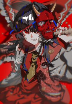 1girl ascot bandaid bandaid_on_face baseball_bat blurry bow brown_hair chayo_bababa commentary_request depth_of_field detached_sleeves frilled_bow frilled_hair_tubes frills hair_bow hair_tubes hakurei_reimu highres holding holding_baseball_bat long_hair looking_at_viewer mask ofuda oni_mask red_background red_bow red_eyes setsubun simple_background smile solo touhou watermark yellow_ascot