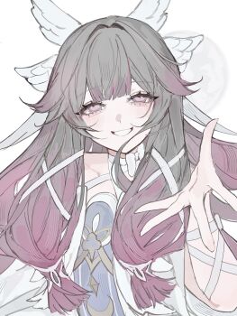 1girl arm_ribbon black_hair blunt_bangs blush bow choker collarbone columbina_(genshin_impact) commentary_request crescent dress feathered_wings genshin_impact gold_trim gradient_hair hair_ornament hair_tubes hand_up head_wings highres long_hair long_sleeves looking_at_viewer mamamam_pi multicolored_hair multiple_wings off-shoulder_dress off_shoulder pink_pupils purple_eyes purple_hair ribbon sidelocks simple_background smile solo teeth two-tone_hair upper_body white_background white_bow white_choker white_dress wide_sleeves wings x_hair_ornament