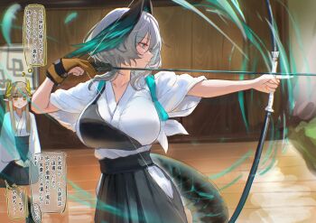 2girls absurdres alternate_costume archery archery_shooting_glove arknights arrow_(projectile) black_hakama bow_(weapon) breasts brown_eyes brown_hair commentary_request elf film_grain gloves green_eyes grey_hair hakama head_wings highres ho'olheyak_(arknights) holding holding_arrow holding_bow_(weapon) holding_weapon japanese_clothes kimono kyuudou large_breasts muelsyse_(arknights) multiple_girls muneate partially_fingerless_gloves partly_fingerless_gloves pointy_ears seiza single_glove sitting snake_tail table tail tasuki translation_request uof weapon white_kimono wings wooden_table wooden_wall yugake