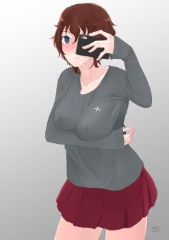 Rule 34 | 1girl, absurdres, akaboshi koume, blue eyes, breasts, brown hair, cellphone, covered erect nipples, covering one eye, curly hair, girls und panzer, grey background, grey shirt, highres, holding, holding phone, irukatto, jacket, kuromorimine military uniform, large breasts, miniskirt, no bra, phone, pleated skirt, red skirt, selfie, shirt, short hair, short sleeves, signature, skirt, smartphone, smile, unworn jacket