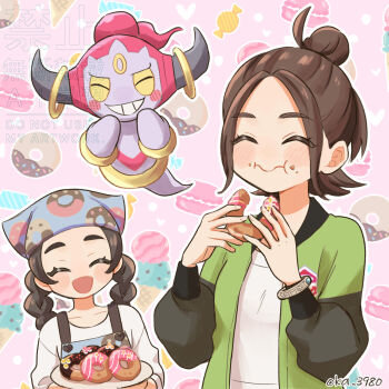 2girls ansha_(pokemon) apron black_hair blue_apron blue_headscarf blush blush_stickers brown_hair candy closed_eyes closed_mouth collarbone colored_sclera commentary_request donut donut_print food food_on_face food_print gen_6_pokemon green_jacket grin hair_bun harmony_(pokemon) headscarf heart highres holding holding_donut holding_food holding_plate hoopa hoopa_(confined) horns jacket legendary_pokemon long_hair long_sleeves mega_ring multiple_girls mythical_pokemon nintendo oka_3776 open_clothes open_jacket open_mouth plate pokemon pokemon_(creature) pokemon_legends:_z-a shirt short_hair smile teeth white_shirt yellow_sclera
