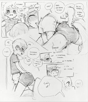 ! 1boy 1girl closed_eyes dolphin_shorts english_text hetero highres monochrome motion_lines original penis renocoffee shirt short_hair shorts shota speech_bubble spoken_exclamation_mark t-shirt traditional_media uncensored