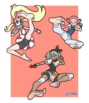 3girls abs absurdres age_difference ahoge artist_name ass baggy_pants bandaid bandaid_on_arm bandaid_on_face bandaid_on_nose bare_shoulders barefoot bea_(pokemon) bike_shorts black_bodysuit blonde_hair blue_bodysuit bodysuit bodysuit_under_clothes breasts cameltoe clenched_hands collarbone dark-skinned_female dark_skin determined dress_shirt dynamax_band eyelashes feet female_focus fighting_stance fingerless_gloves flat_chest flipped_hair flying_kick foot_focus gloves grey_eyes grey_hair gym_leader hair_between_eyes hair_through_headwear hairband helmet high_ponytail highres kicking knee_pads kneepits knees korrina_(pokemon) leg_up legs light-skinned_palms light-skinned_soles long_hair long_sidelocks matching_hair/eyes maylene_(pokemon) medium_breasts medium_hair mega_stone multiple_girls nintendo open_mouth pants pink_eyes pink_hair pokemon pokemon_diamond/pearl/platinum pokemon_sword_and_shield pokemon_x_and_y ponytail shirt short_bangs short_hair sidelocks simple_background sleeveless sleeveless_bodysuit sleeveless_shirt small_breasts soles spread_toes thick_eyebrows thighs tied_shirt toenails toes tomboy toned toned_female tsukimaru_(ls_99ml) very_long_hair white_background