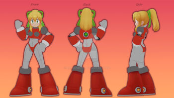 1girl 3d antennae armor armored_boots armored_gloves arms_up bikini_armor blonde_hair blue_eyes boots breasts capcom clenched_hands from_behind from_side gradient_background green_ribbon hair_ribbon hairband hand_on_own_hip hand_up headphones hyper_roll_(marvel_vs._capcom) joints knee_boots large_breasts long_hair looking_at_viewer marvel_vs._capcom mechanical_arms mechanical_boots mechanical_legs mega_man_(classic) mega_man_(series) orange_background ponytail radio_antenna red_armor red_background ribbon robot robot_girl robot_joints roll_(mega_man) sadbunny15 shoulder_armor sidelocks smile