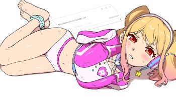 1girl aikatsu!_(series) aikatsu_stars! arms_behind_back bare_legs barefoot blonde_hair cropped_shirt furrowed_brow gradient_hair headphones highres light_blush long_hair long_sidelocks looking_at_viewer lying midriff multicolored_hair navel nijino_yume official_alternate_costume on_ground on_side orange_eyes osame panties parted_lips pink_hair pink_panties pink_shirt request_inset restrained shirt sidelocks solo sweat teeth twintails two-tone_hair underwear
