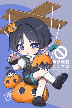 1boy 49ibo240 animal animal_on_lap animalization aqua_trim artist_name black_cat black_hair black_overalls black_scrunchie black_shoes black_shorts blunt_ends candle cat cat_hair_ornament cat_on_lap character_doll crossed_legs curled_fingers doll eyeliner eyeshadow genshin_impact grey_background hair_ornament halloween hands_up highres looking_at_viewer makeup male_focus marionette marionette_controller official_alternate_costume on_lap overalls parted_bangs paw_pose person_and_animalization pumpkin pumpkin_hat puppet puppet_strings purple_background purple_eyes purple_pupils red_eyeliner red_eyeshadow scaramouche_(cat)_(genshin_impact) scaramouche_(genshin_impact) scrunchie shirt shoes short_sleeves shorts socks solo tongue tongue_out two-tone_background undershirt watermark white_shirt white_sleeves white_socks wispy_bangs wrist_scrunchie