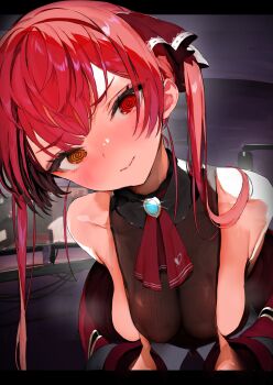 1girl @_@ absurdres bare_shoulders blush breasts cleavage hair_ribbon heterochromia highres hololive houshou_marine large_breasts leotard light_smile looking_at_viewer multicolored_eyes no_headwear off_shoulder pomesaurus red_eyes red_ribbon ribbon screen see-through_clothes see-through_cleavage short_twintails smile solo twintails virtual_youtuber yellow_eyes