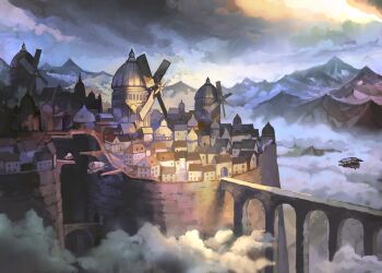 arch bridge building cloud commentary_request day dome fantasy fog mountain no_humans original outdoors overcast scenery sky somei_yoshinori town