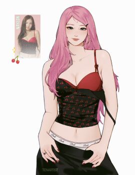 1girl alternate_costume artist_name black_camisole black_pants boruto:_naruto_next_generations bow bow_bra bra bra_peek breasts camisole cherry_print cleavage closed_mouth collarbone commentary cosplay earrings facial_mark food_print forehead_mark fruit_print gold_earrings green_eyes hair_ornament hair_over_shoulder hairclip haruno_sakura highres hoop_earrings jewelry k-pop light_smile lipgloss long_hair looking_at_viewer medium_breasts midriff modeling naruto_(series) navel nayeon_(twice) nayeon_(twice)_(cosplay) ornate_ring panties pants photo-referenced pink_hair print_camisole red_bra red_nails ring silver_ring standing strap_slip swept_bangs symbol-only_commentary tenartistt twice_(group) underwear watermark wedding_ring white_background white_panties