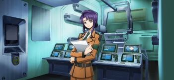 1girl armband artist_request belt blue_eyes breasts cecile_croomy closed_mouth code_geass code_geass:_lost_stories collared_shirt crossed_arms female_focus game_cg green_necktie happy highres holding holding_paper indoors jacket laboratory long_sleeves looking_at_viewer medium_breasts military_uniform monitor necktie non-web_source official_art orange_jacket orange_skirt paper purple_hair shirt short_hair sidelocks skirt smile solo standing upper_body white_shirt