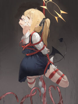 1girl 240mmap absurdres arms_behind_back bdsm big_belly black_dress black_horns black_ribbon black_tail black_wings blue_archive bondage bound commentary demon_girl demon_horns demon_tail demon_wings dress drooling egg_laying gag gagged halo highres hogtie horns ibuki_(blue_archive) imminent_tentacle_sex loli long_hair pussy_juice restrained ribbon ring_gag shibari shibari_over_clothes shirt skindentation solo spread_legs suspension tail tentacles tongue tongue_out twintails white_shirt wings yellow_halo