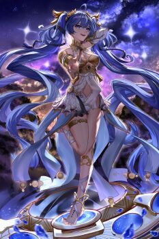 1girl absurdres ahoge ancient_greek_clothes armlet bare_shoulders barefoot black_skirt blue_eyes blue_hair breasts cleavage commentary_request finger_gun full_body gold_bra greco-roman_clothes highres iuno_(wuthering_waves) jewelry laurel_crown leg_wrap long_hair looking_at_viewer medium_breasts miniskirt nebula open_mouth showgirl_skirt skirt smile solo tacet_mark_(wuthering_waves) thighlet thighs toes twintails very_long_hair wuthering_waves wuzoto